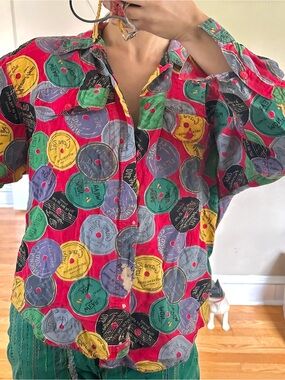 Red Button-Down Shirt with Multi Colored Record Print